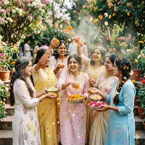 Women playing Holi with flowers and light colors