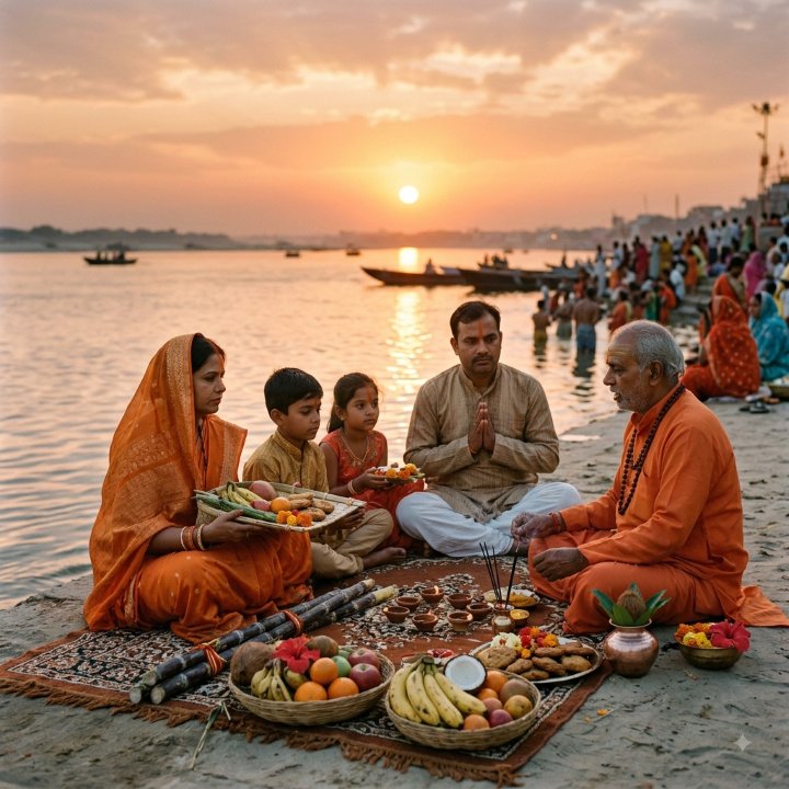 A Family Performing Chhath Puja on River Bank